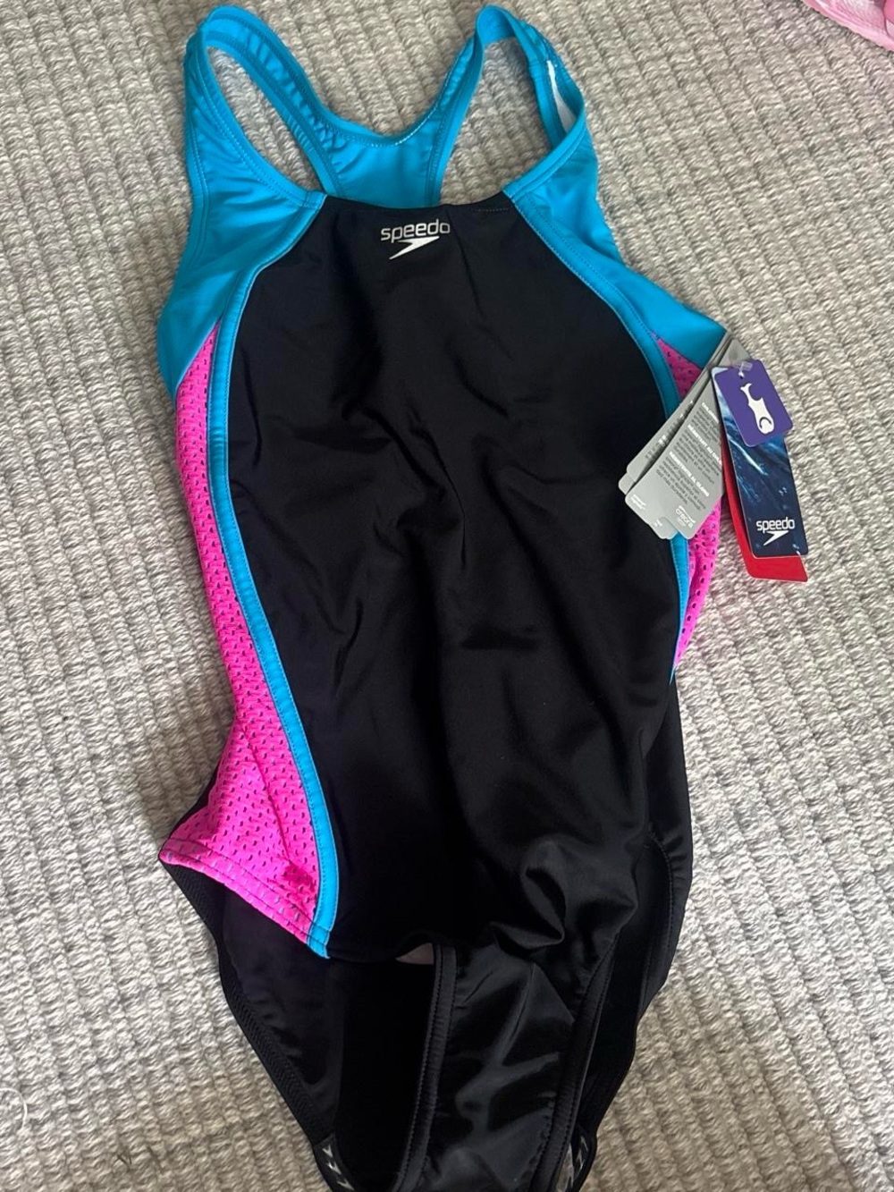 Speedo Black Pink Blue Kids One-Piece Racing Swimsuit
